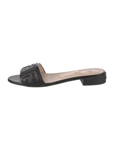 Pre-owned Fendi Zucca Ff Logo Leather Slides In Black