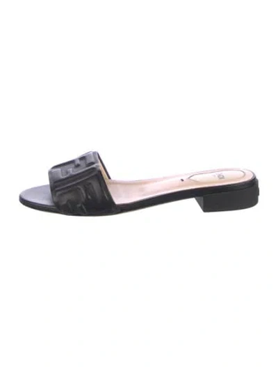 Pre-owned Fendi Zucca Ff Logo Leather Slides In Black