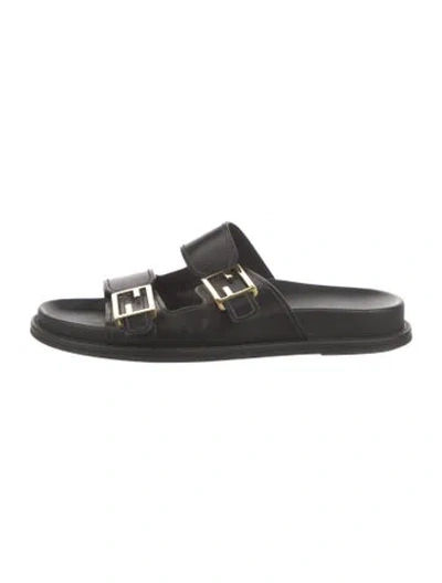 Pre-owned Fendi Zucca Ff Logo Leather Slides In Black