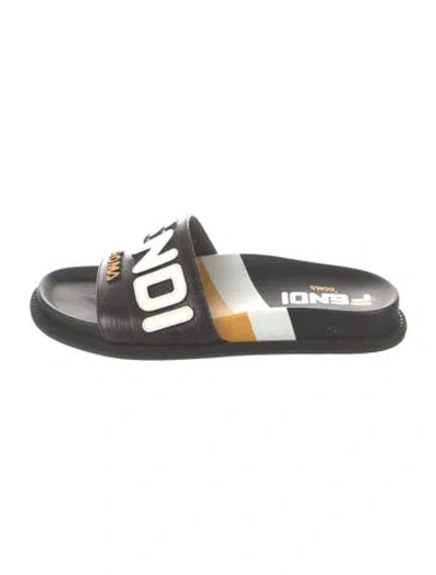 Pre-owned Fendi Zucca Ff Logo Leather Slides In Black