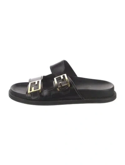 Pre-owned Fendi Zucca Ff Logo Leather Slides In Black
