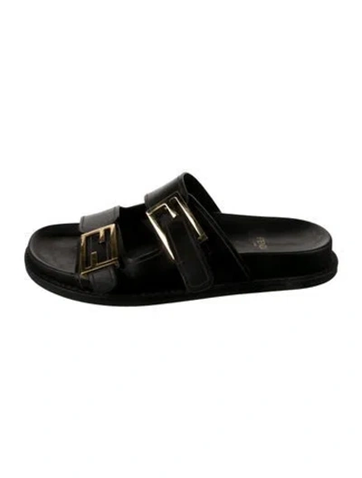Pre-owned Fendi Zucca Ff Logo Leather Slides In Black