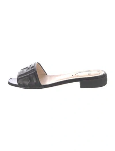 Pre-owned Fendi Zucca Ff Logo Leather Slides In Black