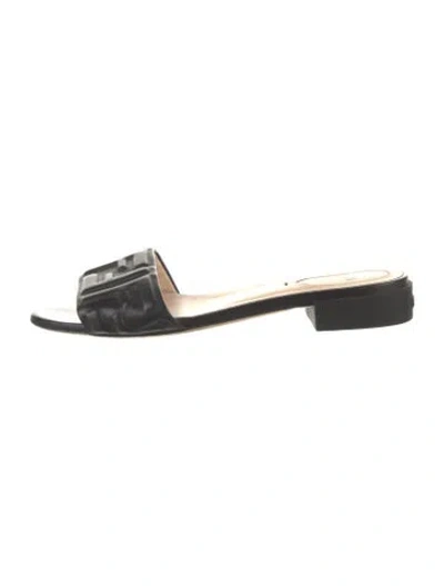 Pre-owned Fendi Zucca Ff Logo Leather Slides In Black