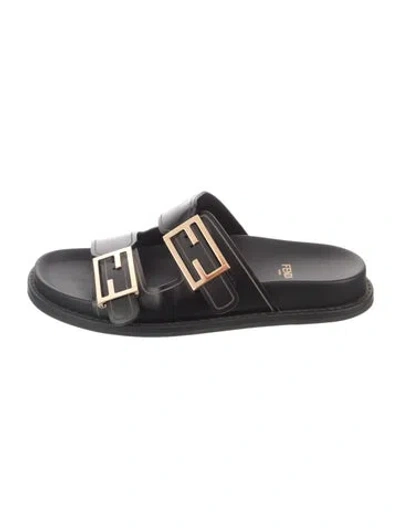 Pre-owned Fendi Zucca Ff Logo Leather Slides In Black
