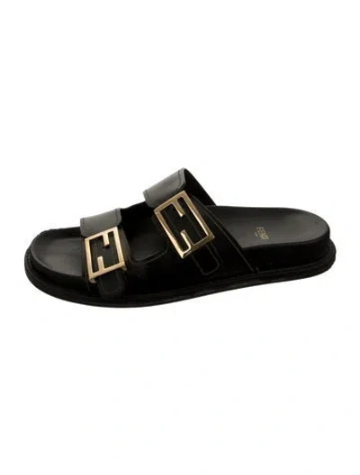 Pre-owned Fendi Zucca Ff Logo Leather Slides In Black