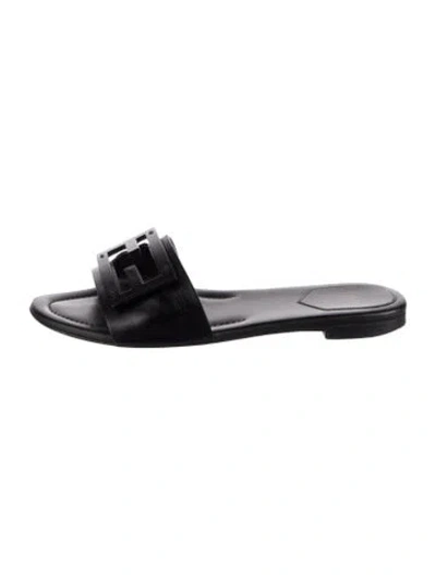 Pre-owned Fendi Zucca Ff Logo Leather Slides In Black