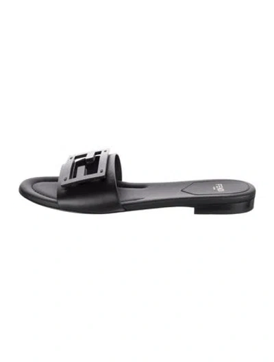 Pre-owned Fendi Zucca Ff Logo Leather Slides In Black