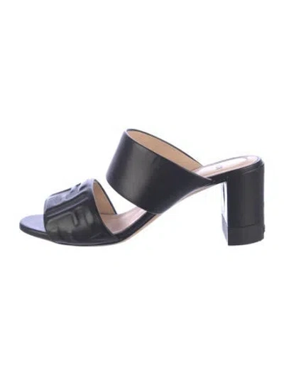 Pre-owned Fendi Zucca Ff Logo Leather Slides In Blue
