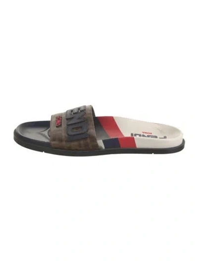 Pre-owned Fendi Zucca Ff Logo Leather Slides In Blue