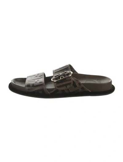 Pre-owned Fendi Zucca Ff Logo Leather Slides In Brown