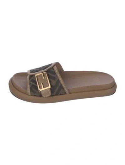 Pre-owned Fendi Zucca Ff Logo Leather Slides In Brown