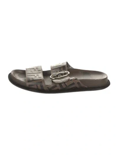 Pre-owned Fendi Zucca Ff Logo Leather Slides In Brown