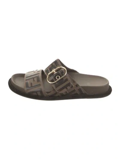 Pre-owned Fendi Zucca Ff Logo Leather Slides In Brown