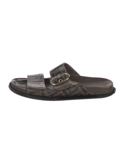 Pre-owned Fendi Zucca Ff Logo Leather Slides In Brown