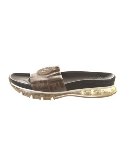 Pre-owned Fendi Zucca Ff Logo Leather Slides In Brown