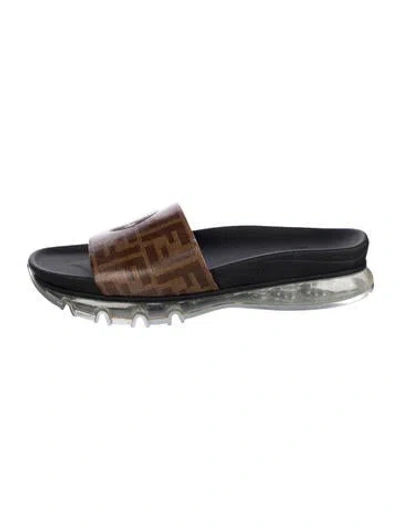 Pre-owned Fendi Zucca Ff Logo Leather Slides In Brown