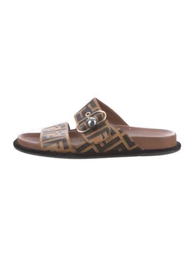 Pre-owned Fendi Zucca Ff Logo Leather Slides In Brown
