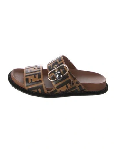 Pre-owned Fendi Zucca Ff Logo Leather Slides In Brown