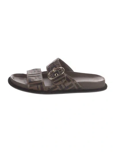 Pre-owned Fendi Zucca Ff Logo Leather Slides In Brown