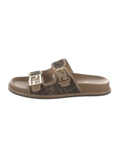 Pre-owned Fendi Zucca Ff Logo Leather Slides In Brown
