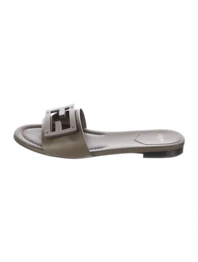 Pre-owned Fendi Zucca Ff Logo Leather Slides In Brown