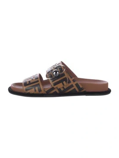 Pre-owned Fendi Zucca Ff Logo Leather Slides In Brown