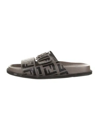 Pre-owned Fendi Zucca Ff Logo Leather Slides In Brown