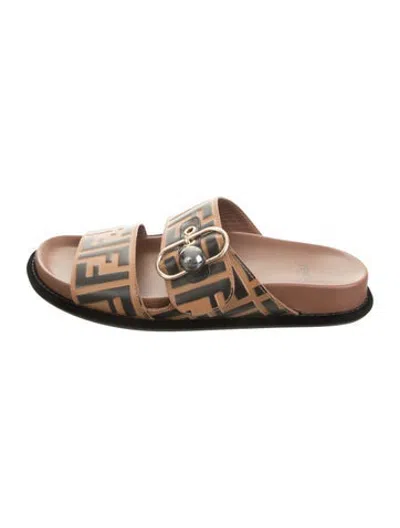 Pre-owned Fendi Zucca Ff Logo Leather Slides In Brown