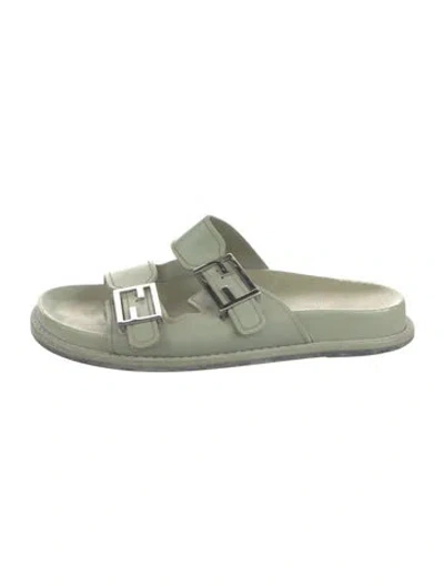 Pre-owned Fendi Zucca Ff Logo Leather Slides In Green