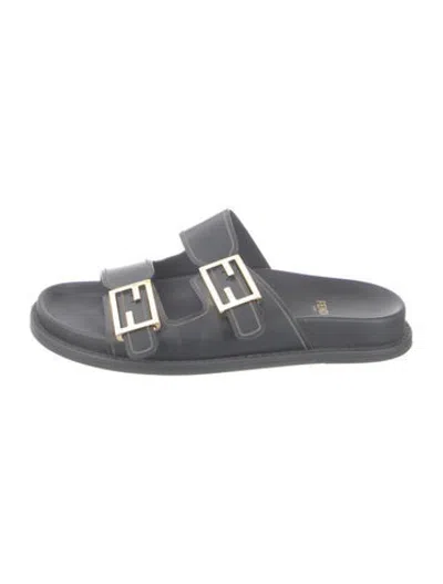 Pre-owned Fendi Zucca Ff Logo Leather Slides In Grey