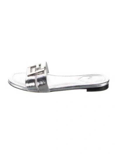 Pre-owned Fendi Zucca Ff Logo Leather Slides In Metallic/silver