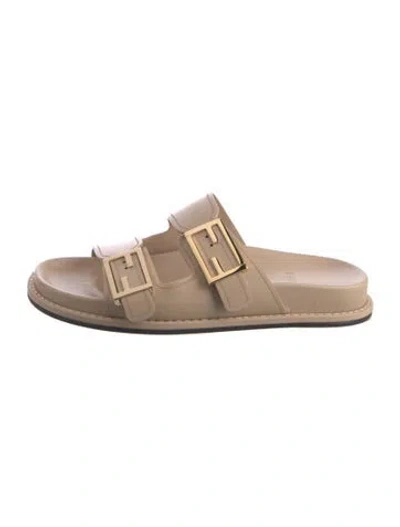 Pre-owned Fendi Zucca Ff Logo Leather Slides In Neutral