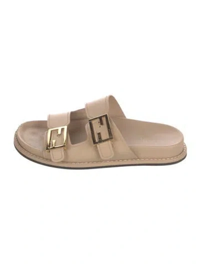 Pre-owned Fendi Zucca Ff Logo Leather Slides In Neutral