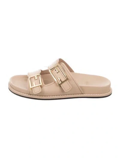 Pre-owned Fendi Zucca Ff Logo Leather Slides In Neutral