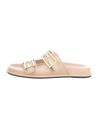 Pre-owned Fendi Zucca Ff Logo Leather Slides In Neutrals