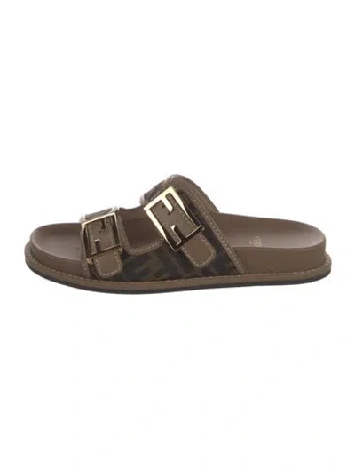 Pre-owned Fendi Zucca Ff Logo Leather Slides In Neutrals