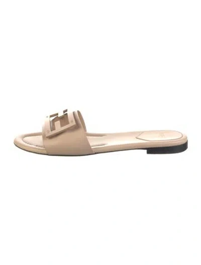 Pre-owned Fendi Zucca Ff Logo Leather Slides In Neutrals