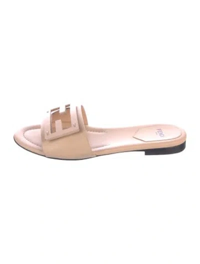 Pre-owned Fendi Zucca Ff Logo Leather Slides In Neutrals