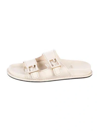 Pre-owned Fendi Zucca Ff Logo Leather Slides In Neutrals
