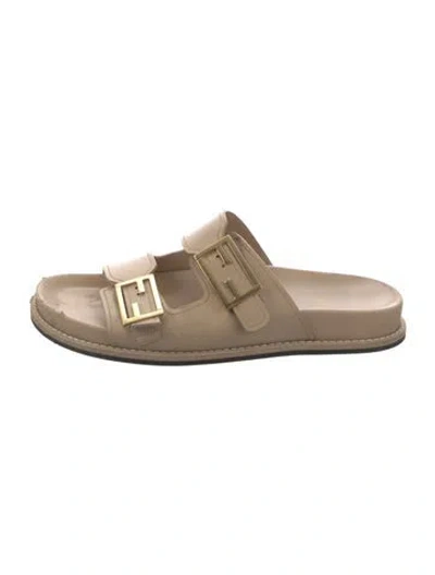 Pre-owned Fendi Zucca Ff Logo Leather Slides In Neutrals