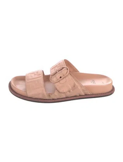 Pre-owned Fendi Zucca Ff Logo Leather Slides In Pink