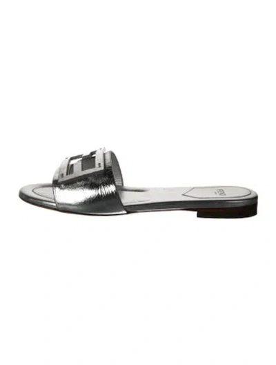 Pre-owned Fendi Zucca Ff Logo Leather Slides In Silver