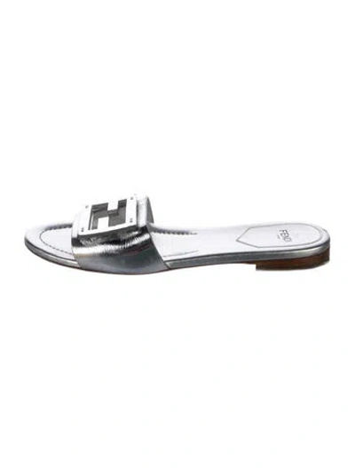 Pre-owned Fendi Zucca Ff Logo Leather Slides In Silver