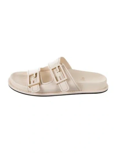 Pre-owned Fendi Zucca Ff Logo Leather Slides In White