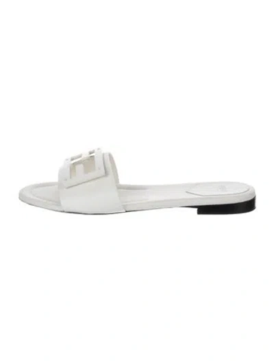 Pre-owned Fendi Zucca Ff Logo Leather Slides In White