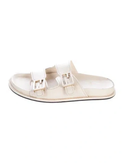 Pre-owned Fendi Zucca Ff Logo Leather Slides In White
