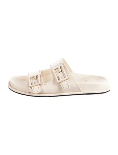Pre-owned Fendi Zucca Ff Logo Leather Slides In White