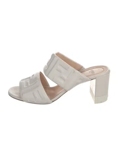 Pre-owned Fendi Zucca Ff Logo Leather Slides In White
