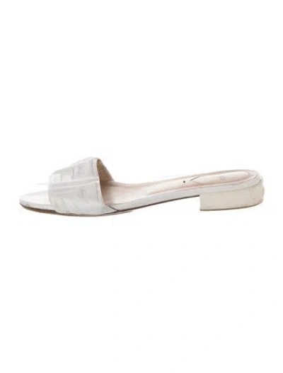 Pre-owned Fendi Zucca Ff Logo Leather Slides In White